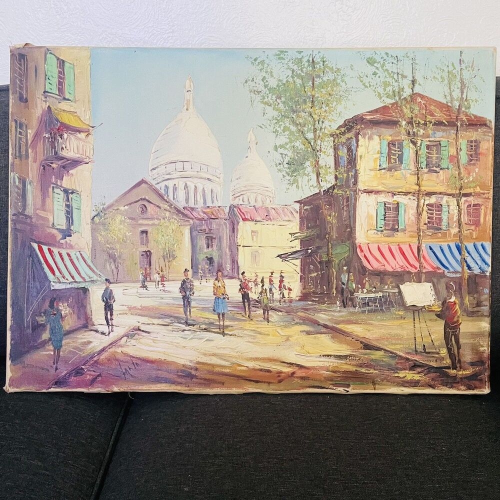 Paris City Life Street Scene Original Oil Painting signed Santo 27.5x20”
